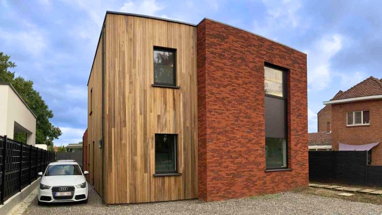 houtskeletbouw houten gevelbekleding houtskelet koersel gevelstenen energiezuinige woning zelfbouw zelfbouwen skeletbouw intopia